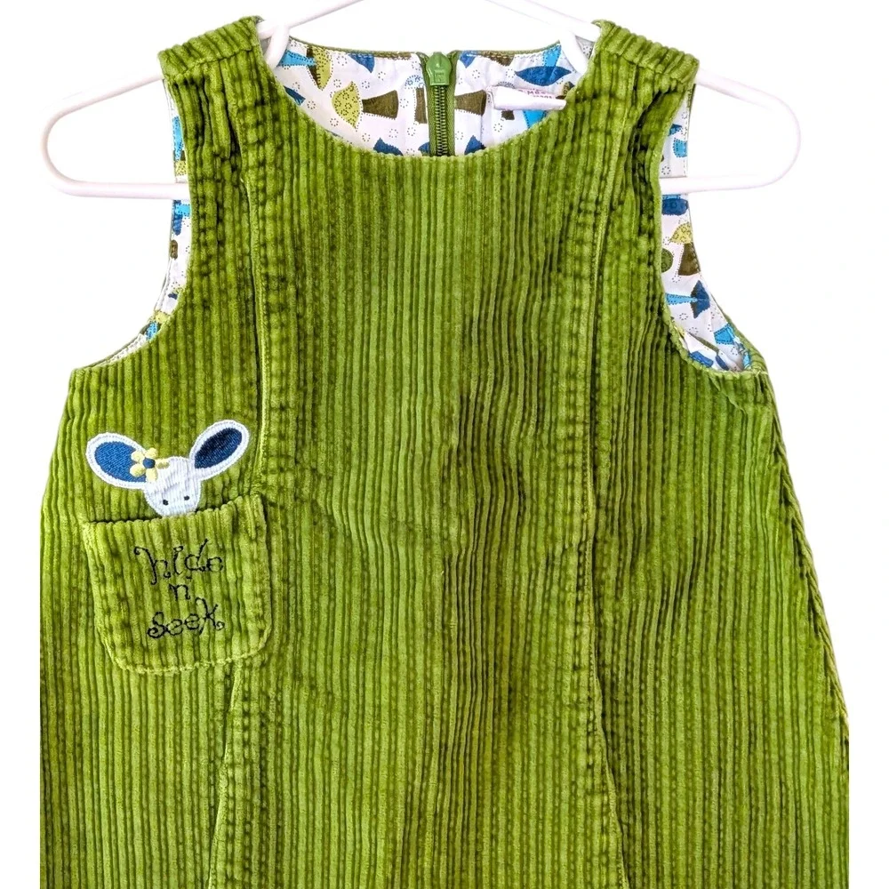 Gymboree VTG Green Corduroy Pinafore Dress 12-18 Mos Mouse Hide & Seek Pocket - Picture 2 of 8